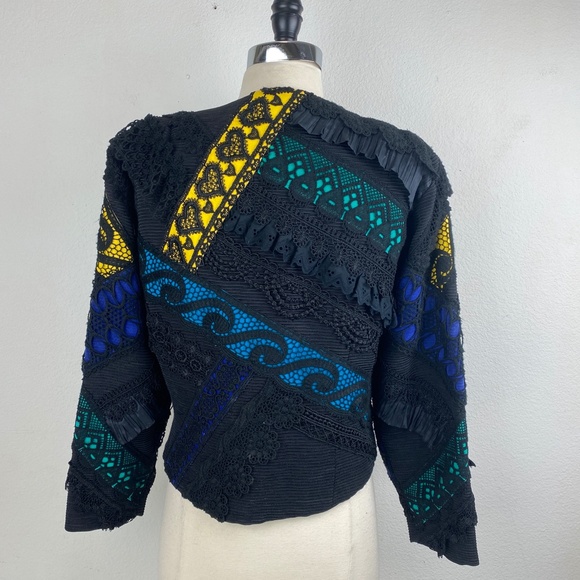 UDO Womens Black Crop Jacket Size 8 Bold Artsy Avant-Garde Ruffles Embroidery - Picture 10 of 13